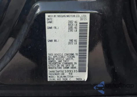 2016 Nissan Altima 3.5 Sl/3.5 Sr из США, поврежденный, VIN 1N4BL3AP7GC109535